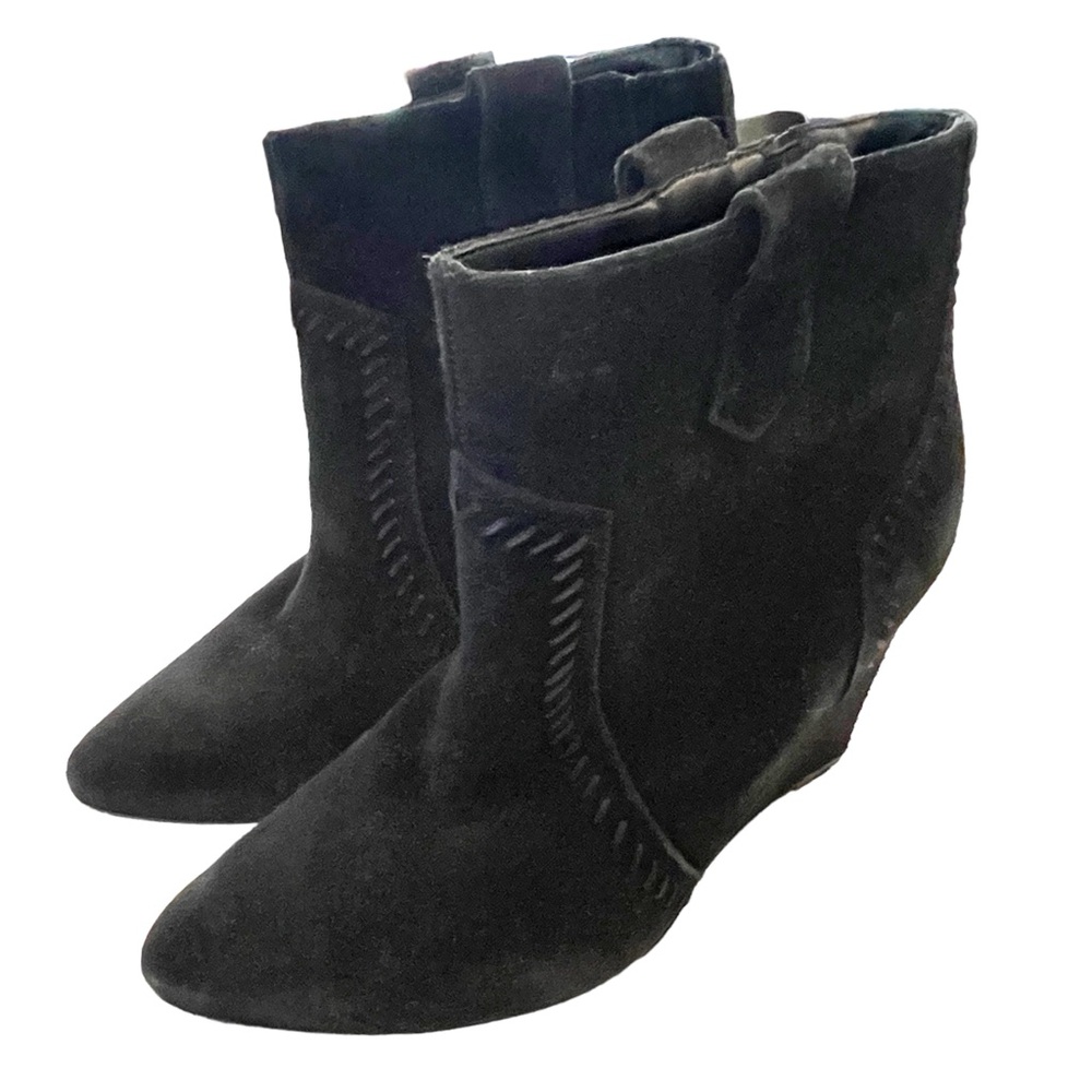Rebecca Minkoff Size 7.5 Bianca Wedge Booties in Black Suede Tonal Stitching
